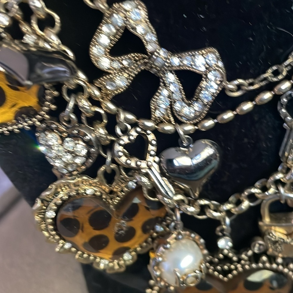 Vintage Betsy Johnson love leopard heart multi charm necklace - Picture 6 of 10